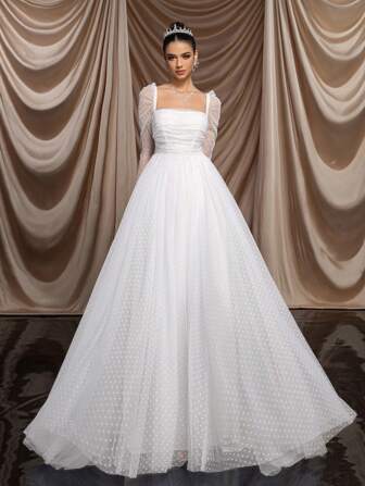 SHEIN Belle Elegantes, wunderschönes und romantisches weißes Bubikragen Hochzeitskleid mit langen Ärmeln, meerjungfrauenartiger Silhouette, dekorativem Oberteil, taillierter Taille und großem ausgefranstem Saum bis zum Boden