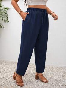 SHEIN Frenchy Plus Size Vacation Solid Color Knotted Casual Pants With Pockets - Navy Blue - View 7