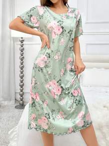 Floral Printed Round Neck Long Sleep Dress Perfect Summer, Moo Moo - Multicolor - View 5
