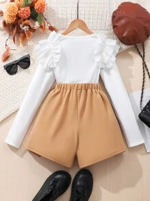 SHEIN 青少女純色荷葉肩圓領長袖上衣+側開叉短褲套裝 - 卡其色 - 查看 2