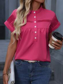 SHEIN LUNE Summer Casual Solid Color Pintucked Batwing Sleeve Shirt - Hot Pink - View 3