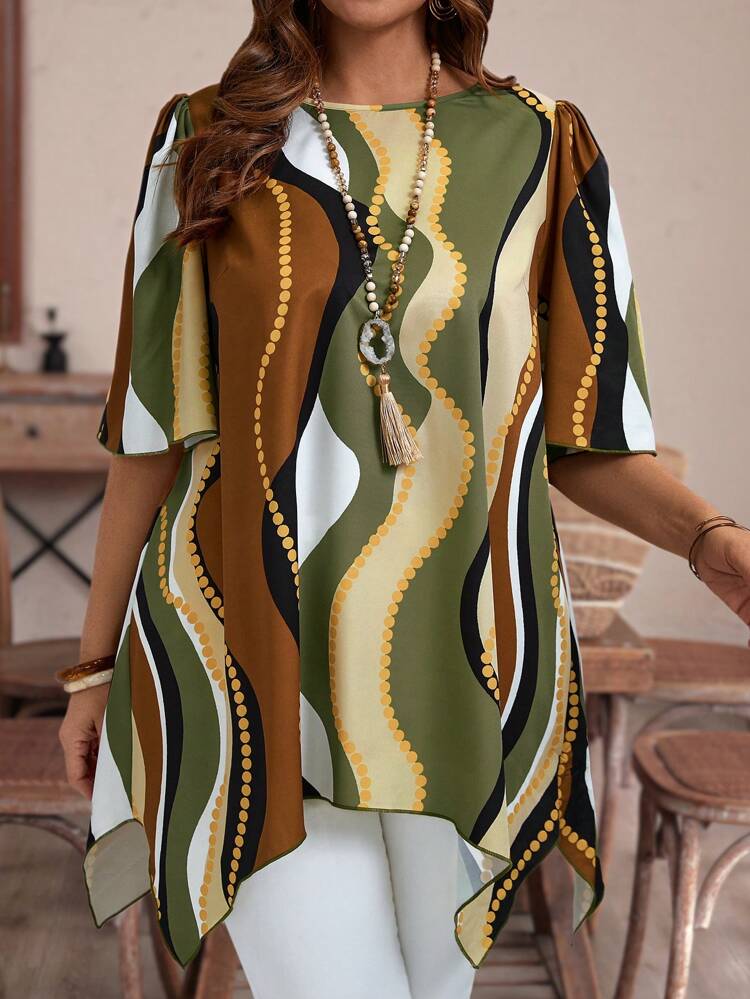 Plus Size Women's Random Printed Round Neck Blouse For Summer,Vacation/Spring