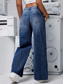 SHEIN PETITE Pantalones de mezclilla casuales sueltos para mujeres con corte ancho y bolsillos - Azul lavado oscuro - Ver 2