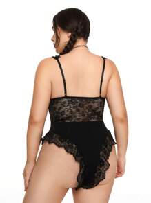 ROMWE Plus Size Ultra Sexy Lace 3D Rose Bodysuit - Black - View 3