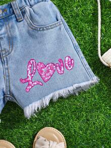 SHEIN 带口袋和仿珍珠图案的少女磨边牛仔短裤，夏季，蓝色 - 淺色水洗藍 - 查看 3