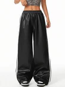 Coolane Women's  Streetwear Casual Leather Banded Texture Decoration Wide Leg Pants,Back To School Clothes,Black Leather Pants - Black - View 5