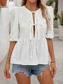 SHEIN LUNE Women's Casual & Stylish Half Placket Bow Knot Bubble Sleeves Sweet Rural Blouse