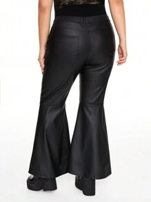 ROMWE Goth 哥德式3D玫瑰&月亮刺繡皮革面料大尺碼女士修身喇叭褲