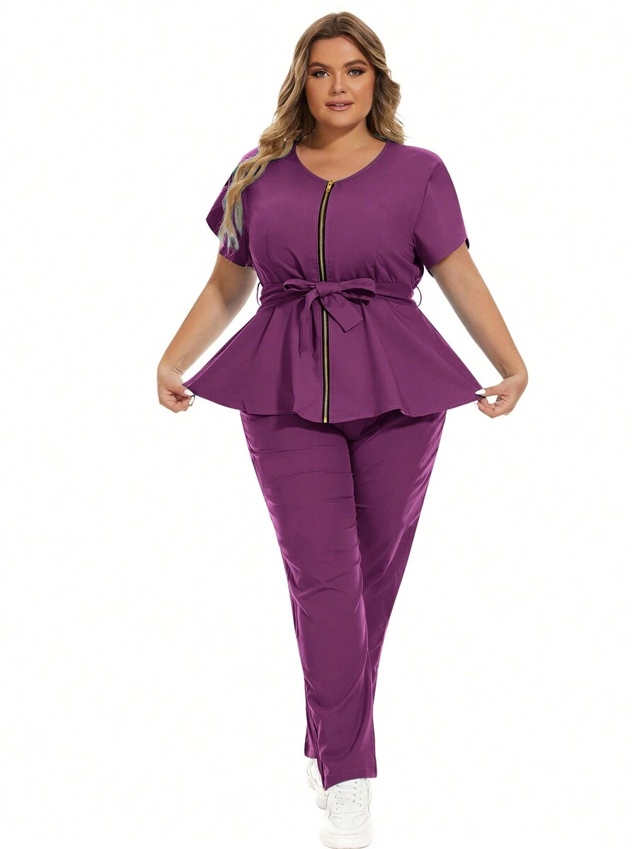 cimmuovere Plus Size Zipper Front Top With Belt & Elastic Waist Pants With Pockets, Scrub Uniform Set For Healthcare Workers - Red Violet - View 1