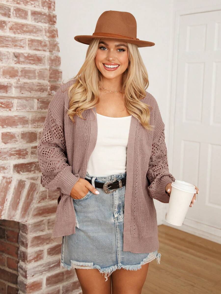 SHEIN LUNE Women's Autumn/Winter Hollow Out Sleeve Knit Cardigan Jacket,Winter Clothes