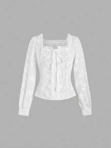 Sweetra Áo sơ mi dài tay màu trơn thêu hoa phong cách thường ngày mùa xuân/thu Y2K - trắng - Xem 1