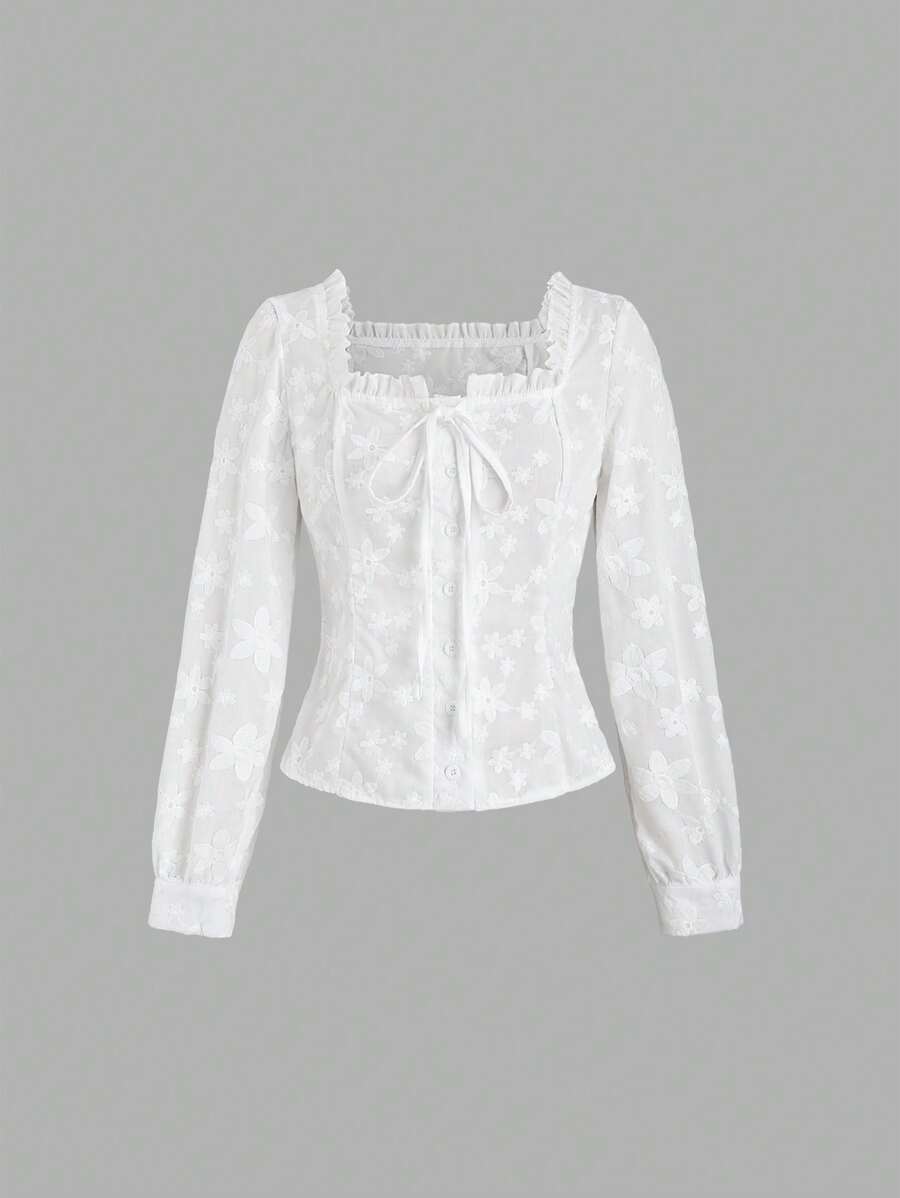 Sweetra Áo sơ mi dài tay màu trơn thêu hoa phong cách thường ngày mùa xuân/thu Y2K - trắng - Xem 1