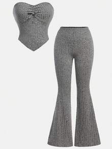 SHEIN Teen Girls Gray Knitted Ribbed Texture Crop Top With Wrinkle Detailing And Flared Pants Casual Two-Piece Set - Grey - View 4
