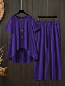 EMERY ROSE Conjunto de talla grande de top de manga corta con dobladillo asimétrico y pantalones largos de unicolor para vacaciones casuales - Morado - Ver 1