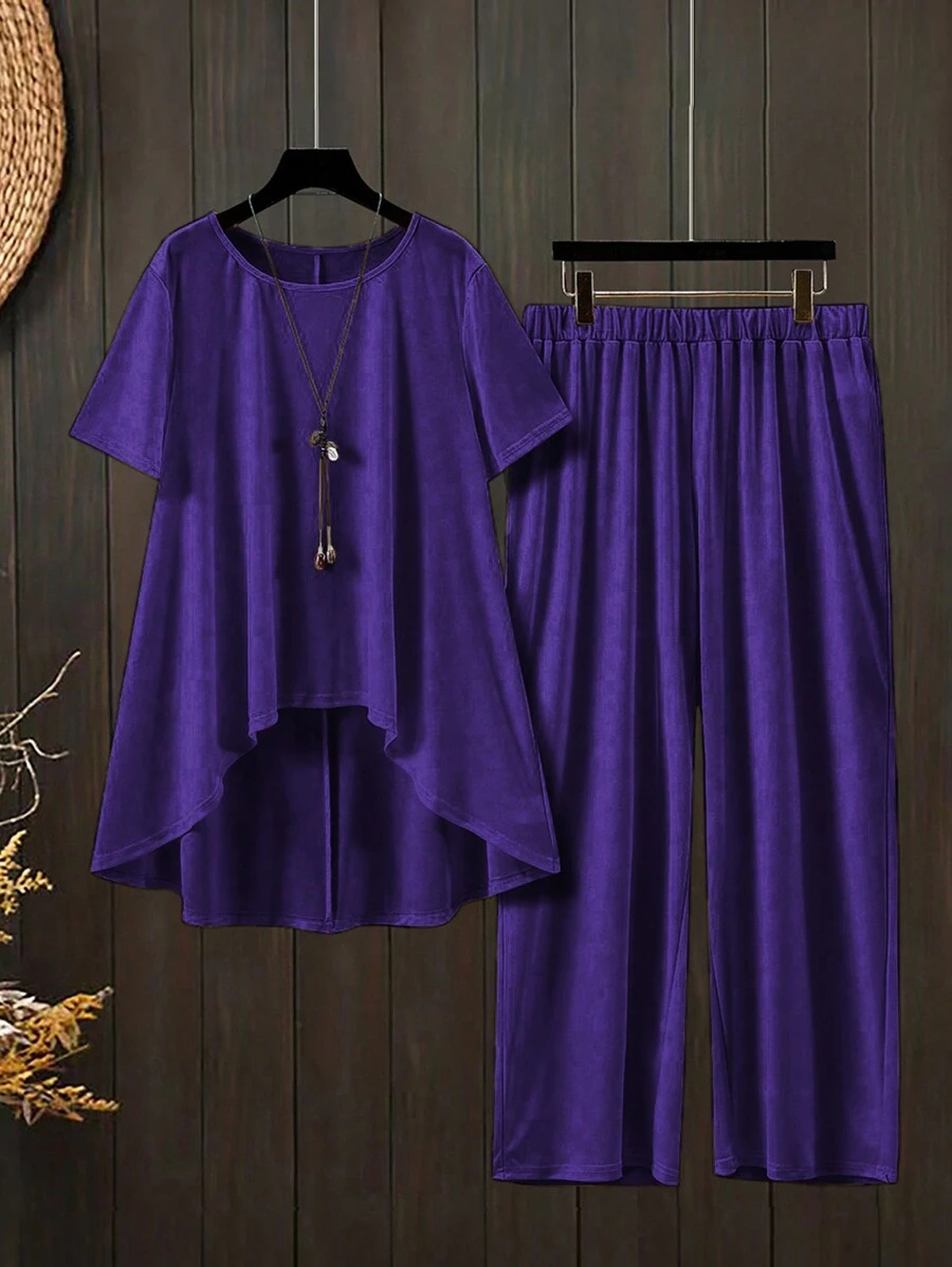 EMERY ROSE Conjunto de talla grande de top de manga corta con dobladillo asimétrico y pantalones largos de unicolor para vacaciones casuales - Morado - Ver 1