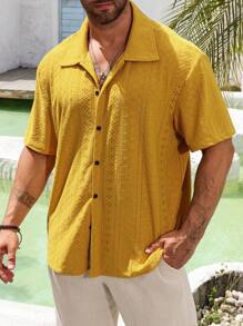 Manfinity Homme Men's Plus Size Boho Summer Casual Solid Color Hollow Out Embroidery Shirt, Vacation, Plain - Yellow - View 3