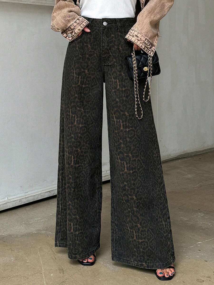 DAZY 女式豹紋寬腿休閒牛仔褲，附有口袋 - 卡其色 - 查看 1