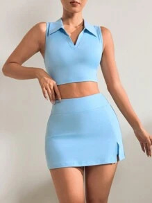 SHEIN Sport Studio Women's Simple Collared Crop Top And Split Hem Skort Sports Set Workout Women Set