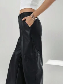 Easelle Solid Color Wide Leg Leather Pants With Multiple Pockets, Daily Casual Wear - Black - View 4