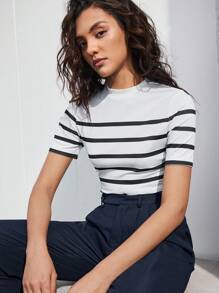 BizChic Women's Striped Mock Neck Short Sleeve Fitted T-Shirt, Elegant Fashion Business Casual Wear For Urban Commute, Suitable For Teachers, Office, School, Outings, Basic Top