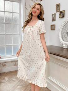 CottageSlumber Camisón corto estilo baby-doll con estampado de rosas, cuello cuadrado, decoración de lazo, dobladillo volante, y cremallera de seda crepé burbujeado, para temporada festiva y vacaciones