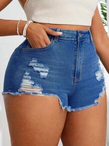 SHEIN SXY Plus Size Women's Frayed Edge Denim Shorts With Pockets, Elasticity And Ripped Details - Medium Wash - View 3
