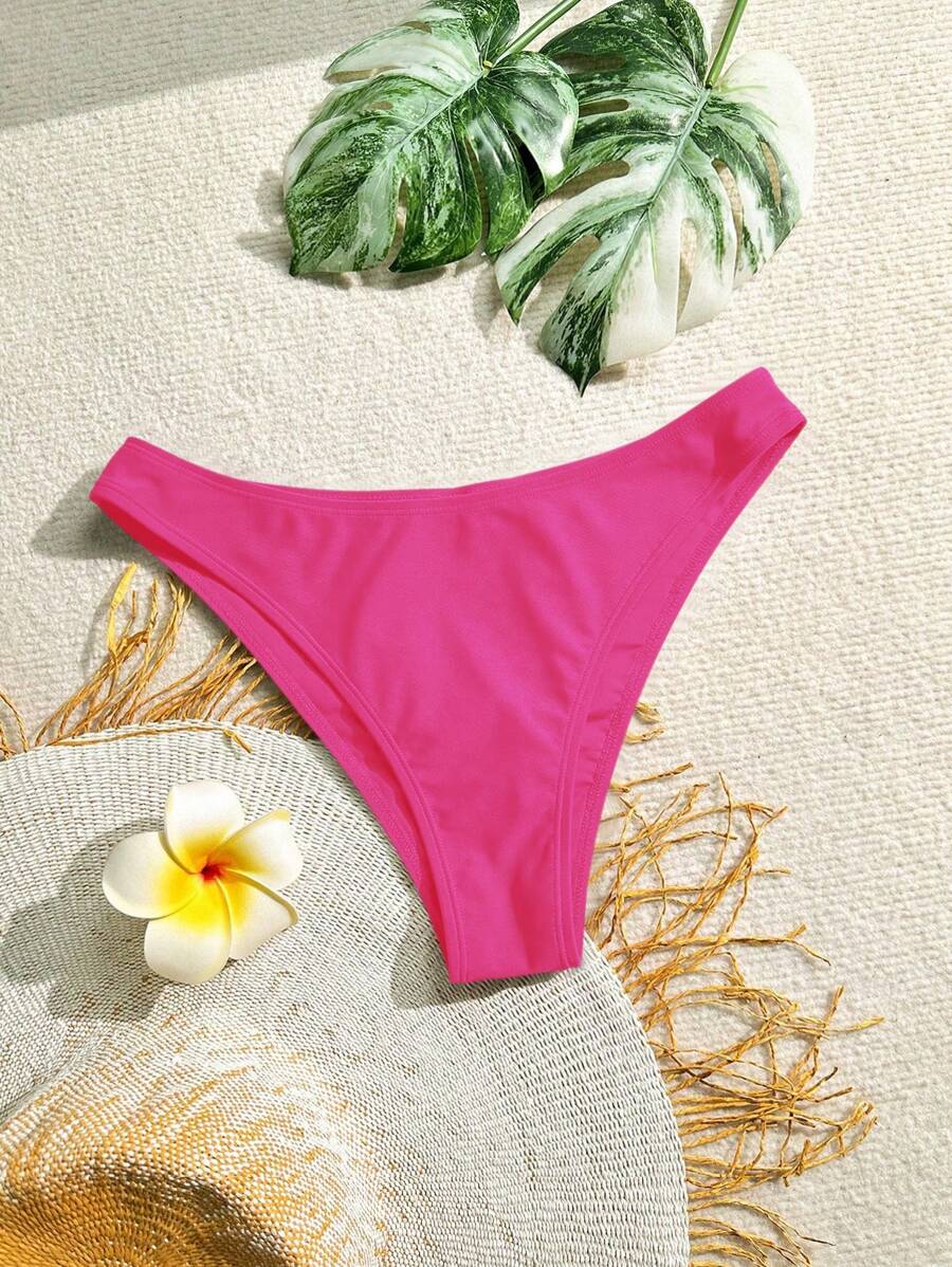 SHEIN Swim 女士纯色热粉色简约基本款比基尼泳裤,适合夏季海滩度假 - 玫紅色 - 查看 1