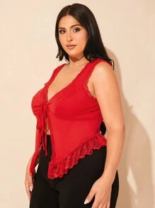 SHEIN BAE 大码女式黑色蕾丝蝴蝶结肩带日常约会背心 - 紅色 - 查看 6