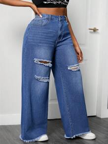SHEIN ICON Plus Size Women's Loose-Fit Casual Denim Wide-Leg Pants With Ripped Design And Pockets - Dark Wash - View 6