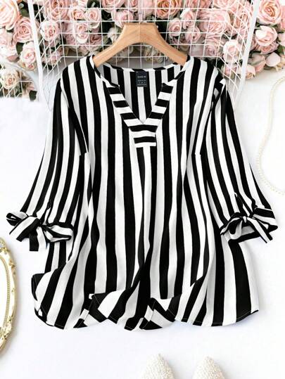 EMERY ROSE Chemise d'été à col en V rayée, manches 3/4 décontractée de vacances, hauts à manches trois-quarts