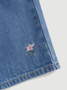 SHEIN Calça Denim Denim Bordada com Flores Rosa para Jovens com Bolsos - Lavagem escura - Visão 4
