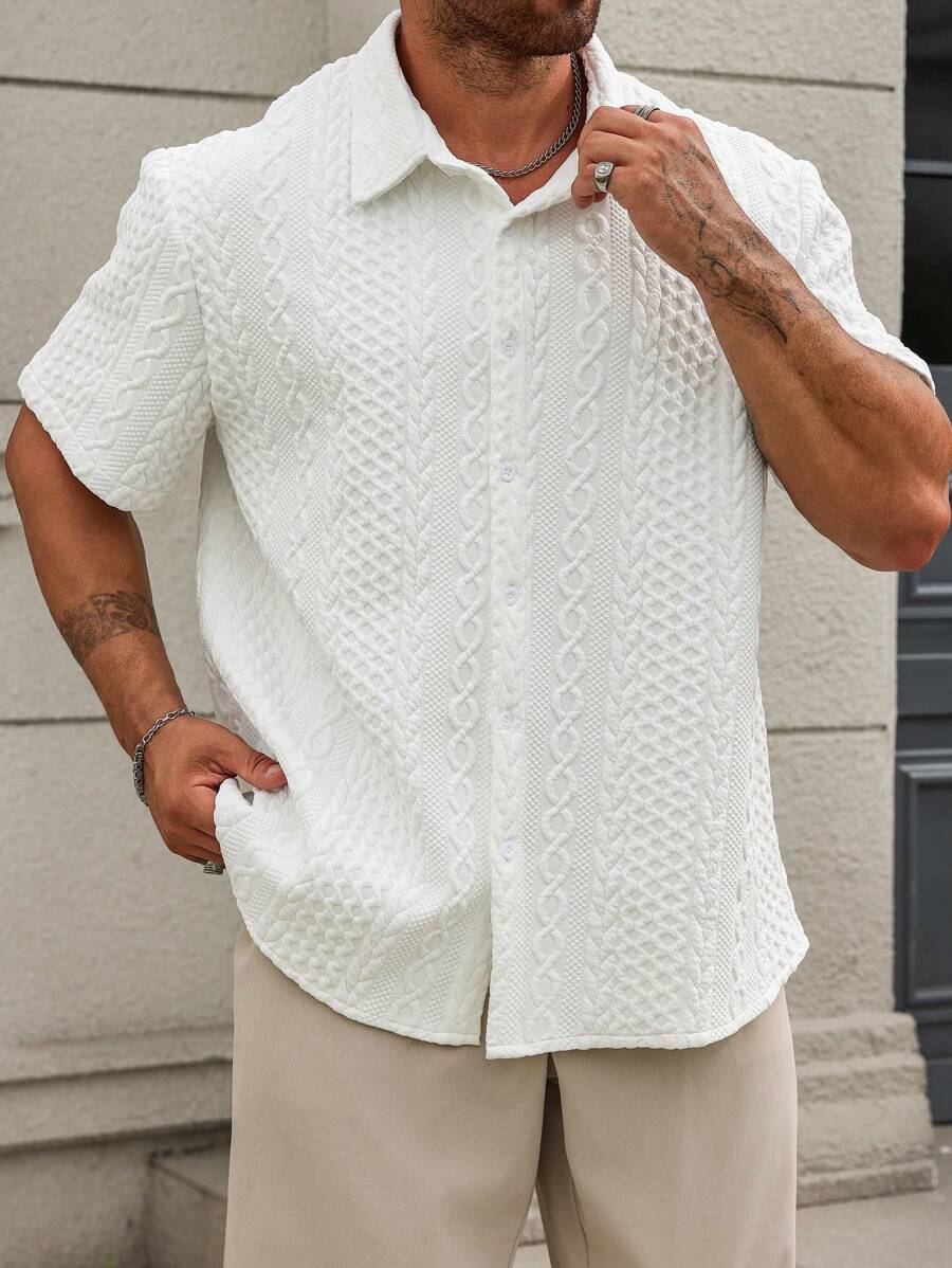 Manfinity Homme Manfinity Men's Plus Size White Textured Short Sleeve Shirt For Daily Wear Vintage Shirt - Valkoinen - Näytä 1