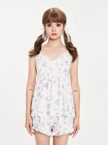 ROMWE Kawaii 可愛貓咪草莓蝴蝶結花卉印花女式睡衣套裝 - 彩色 - 查看 2