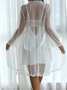 Crystal Vow Lace Patchwork Silk-Like Nightgown And Mesh Polka Dot See-Through Robe 2pcs/Set White Set - White - View 2