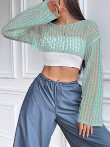 SHEIN Unity Suéter corto de punto holgado y hueco sexy para mujer, de verano - Azul - Ver 5
