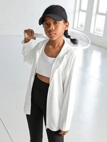 SHEIN Áo lưới thoáng khí cho bé gái tuổi teen, Yoga ngoài trời, Thể dục, Chạy bộ và Đạp xe, Thoải mái, Thân thiện với da, Áo khoác cổ đứng, Áo khoác tập luyện thể thao thể thao - trắng - Xem 8