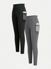 SHEIN Girlism 2入組女孩針織純色高彈力打底褲，適用於日常休閒穿著 - 彩色 - 查看 1