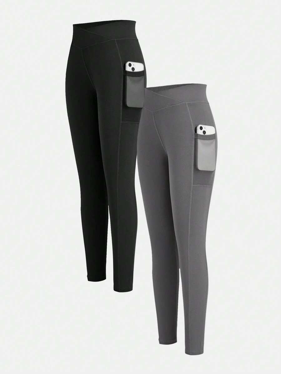 SHEIN Girlism 2入組女孩針織純色高彈力打底褲，適用於日常休閒穿著 - 彩色 - 查看 1