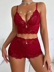Pearl Chain Embellished Sexy Lace Cami And Shorts Pajama Set