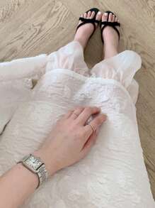 DAZY 女式夏季优雅拼色纹理短袖连衣裙，荷叶边 - 杏色 - 查看 6