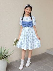 SHEIN 少女休闲春夏碎花编织两件套圆领短袖连衣裙 - 藍白色 - 查看 5