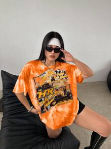 Flirla Plus Size Digital Tie-Dyeing Printed Women's Round Neck Drop Shoulder Sleeve T-Shirt With Motorcycle, Letter And Car Pattern Graphic Tees Women Tops, For Summer - Orange - View 3