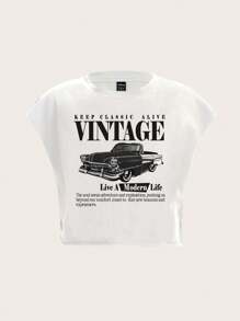 Slaydiva Plus Size Vintage Style Car Graphic T-Shirt With Text, Casual And Simple,Slightly Sheer Suitable For Summer - White - View 2