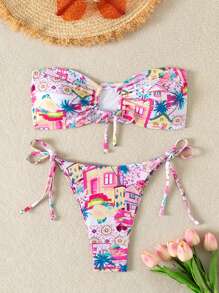 SHEIN Swim 女士夏季海灘比基尼套裝，空心椰樹圖案胸圍上衣配束邊下著 - 粉色 - 查看 1
