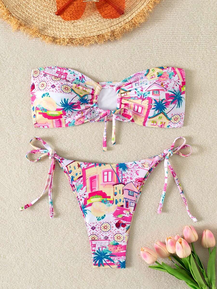 SHEIN Swim 女士夏季海灘比基尼套裝,空心椰樹圖案胸圍上衣配束邊下著 - 粉色 - 查看 1