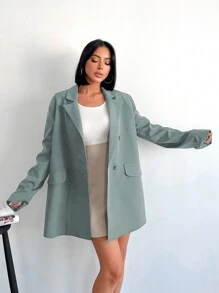 SHEIN Cottnline 女士簡約優雅的V領雙排釦西裝外套 - 薄荷綠 - 查看 5