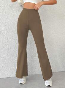 SHEIN Unity Pantalones acampanados de un solo color de uso diario simple para mujeres - Caqui - Ver 6