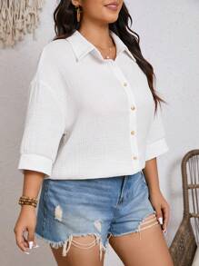 SHEIN Frenchy 大码落肩衬衫女式长袖条纹衬衫，可爱夏季上衣，夏秋季女装，白色衬衫，清新休闲衬衫，纽扣开合，包边衬衫，轻盈透气，采用舒适材料制成，适合度假外出，日常休闲 - 白色 - 查看 5