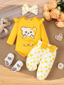 SHEIN 3 piezas Sets de ropa de cama bordados para bebé niña, ropa de primavera y otoño - Amarillo - Ver 1