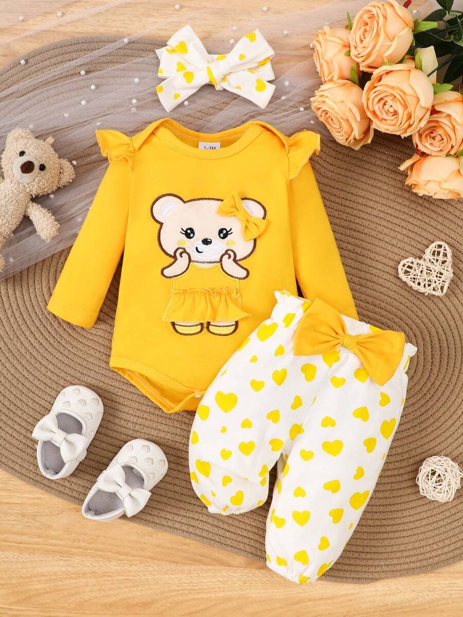 SHEIN 3 piezas Sets de ropa de cama bordados para bebé niña, ropa de primavera y otoño - Amarillo - Ver 1